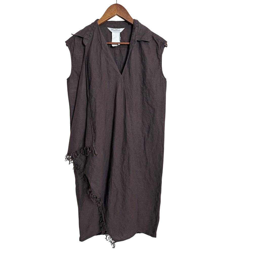 Max Mara 100% Linen Brown Assymetrical Fringe Panel Midi Dress size 6 Vintage